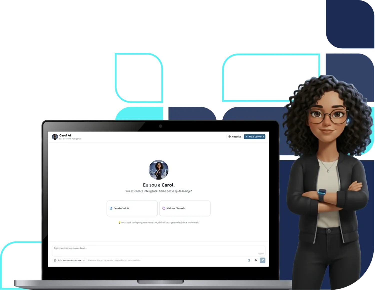 Tela da Carol Suporte com avatar da assistente